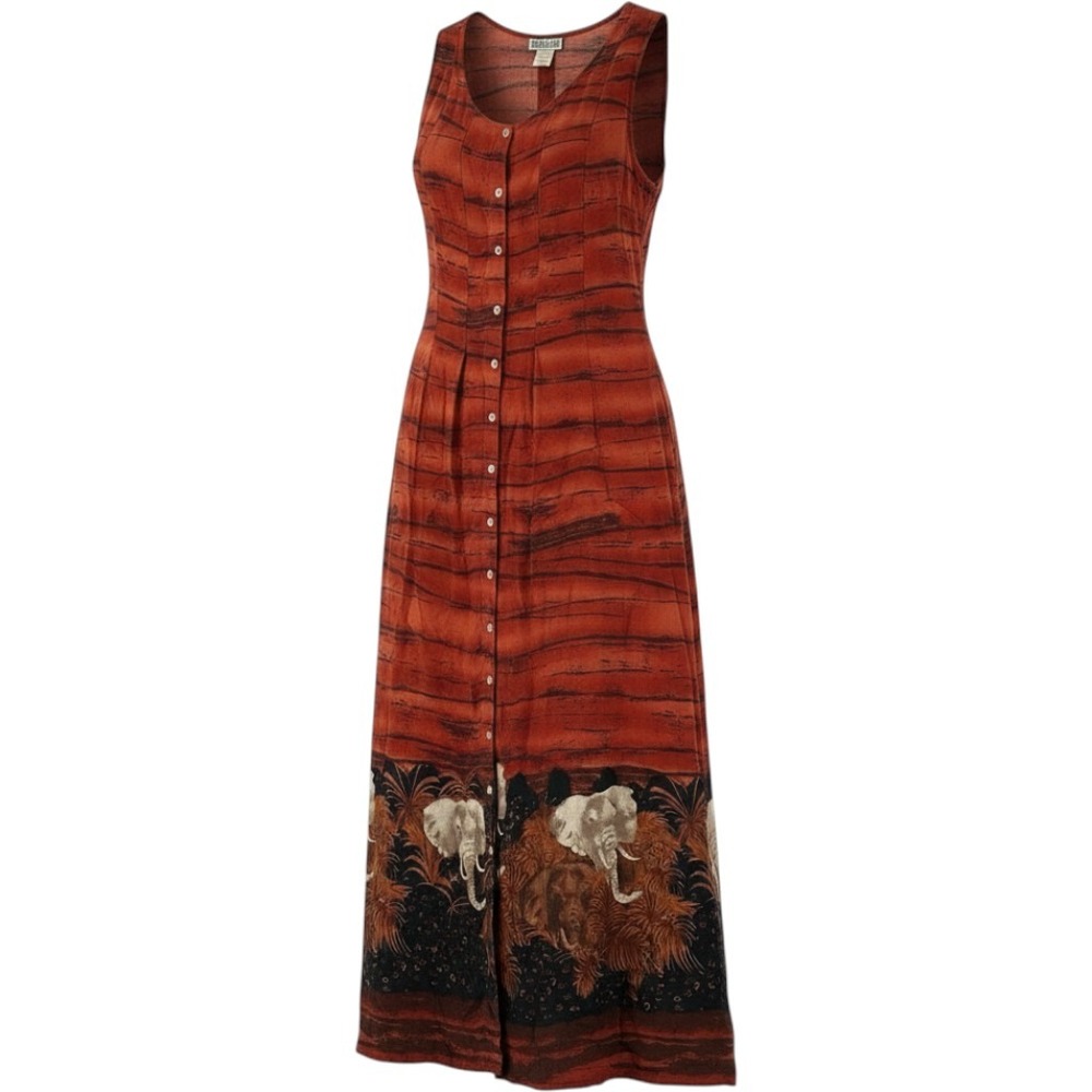 Robbie Bee Vintage Elephant Safari Print Maxi Dress Rust Orange Mob Wife Sz 12